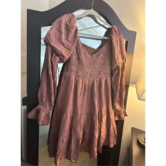 NEW Off The Shoulder V Neck Long Sleeve Ruffle Flowy Mini Dress L - Picture 5 of 6